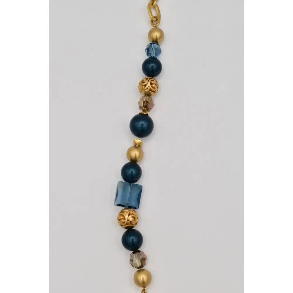 Brighton Chunky Station Necklace Brushed Gold Blue Crystal Contempo Belt BinBJ